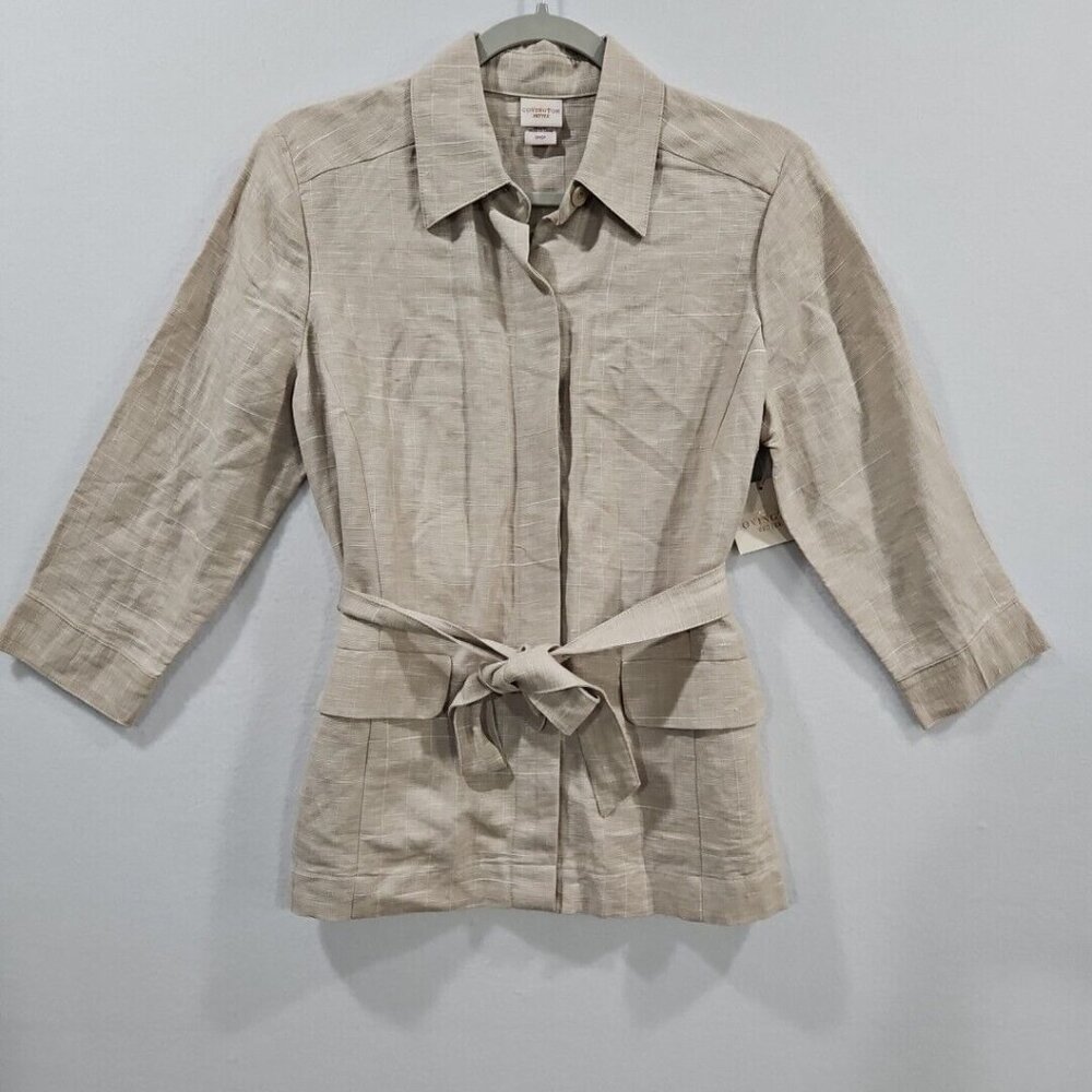 Covington Womens Petite Small Blazer Tan Linen Blend Button Long Sleeve Jacket